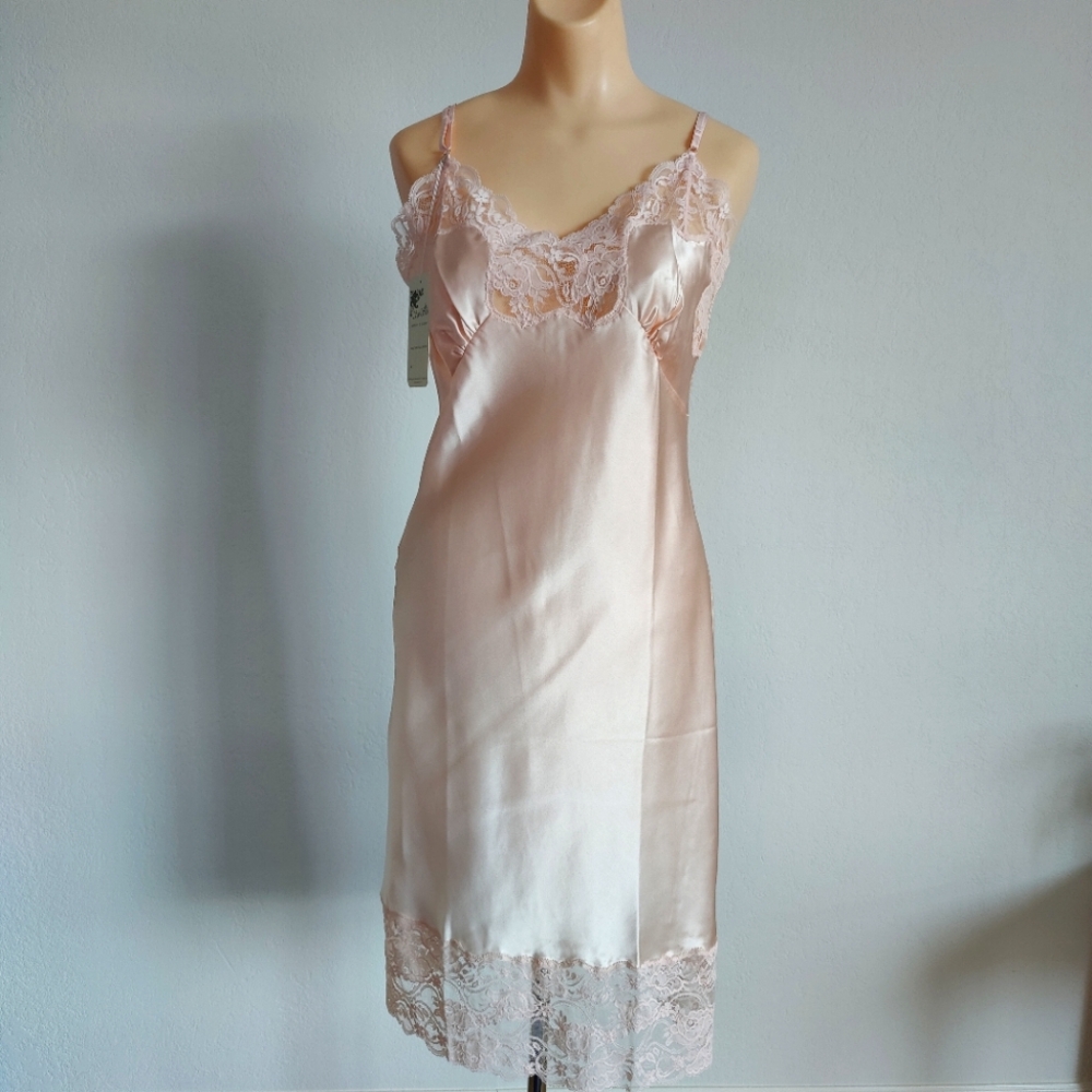 NWT Vintage Silk Slip Dress | Satin Pink Lingerie Nightgown | Lace Chemise - Picture 1 of 5